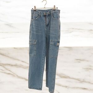 Blue Straight Leg Jeans with Distressed Details